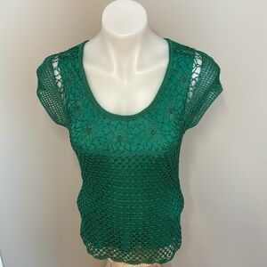 Cleo Green Crochet / Lace Cap Sleeve Top; Embelished, Stretchy Bodycon